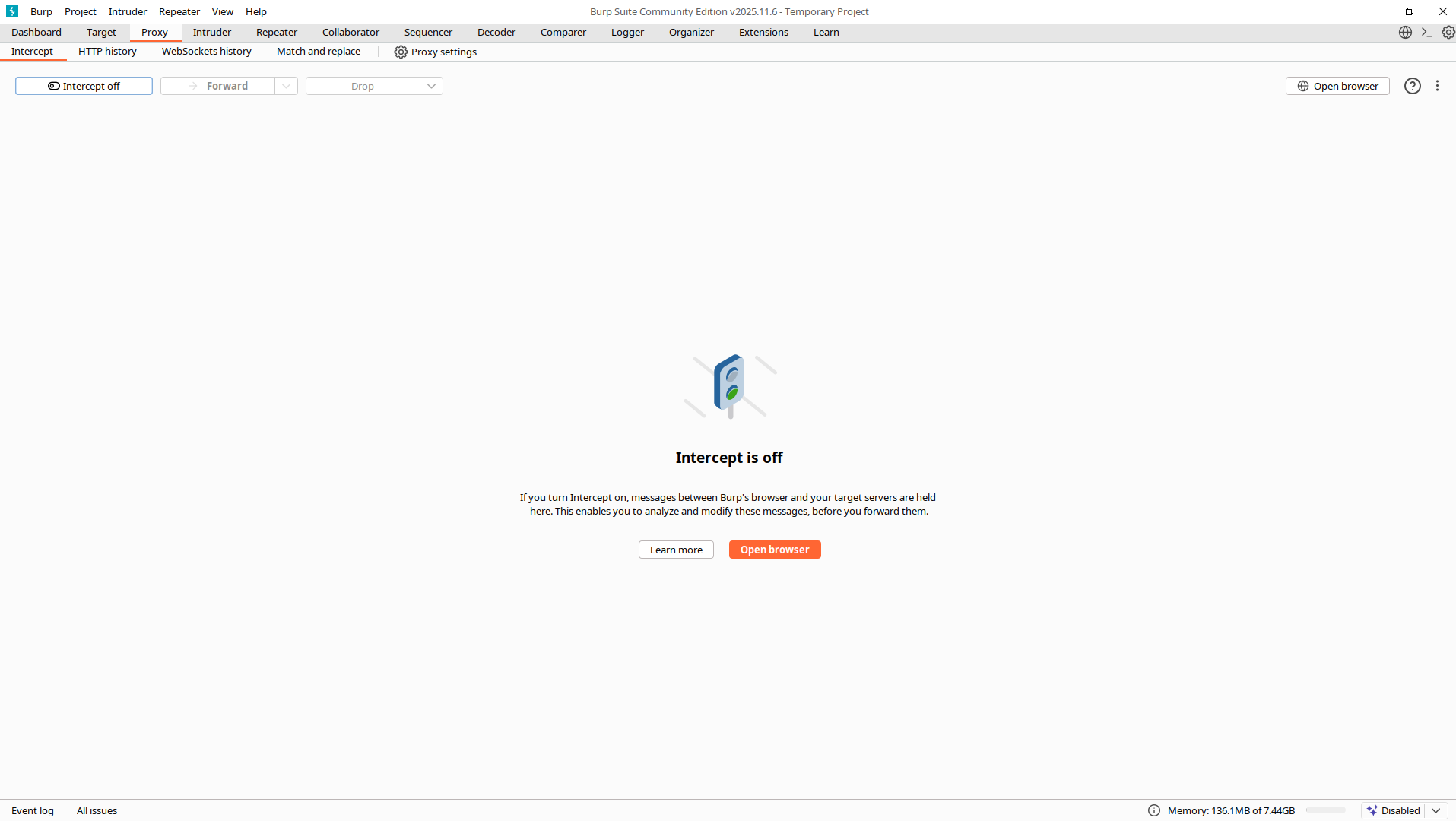 Burp Suite Proxy tab with Intercept turned on