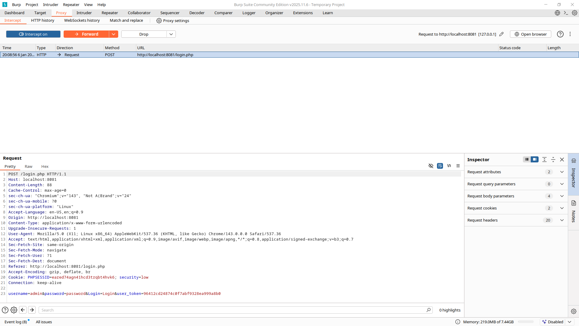 Burp Suite intercept showing the DVWA login POST request with parameters visible