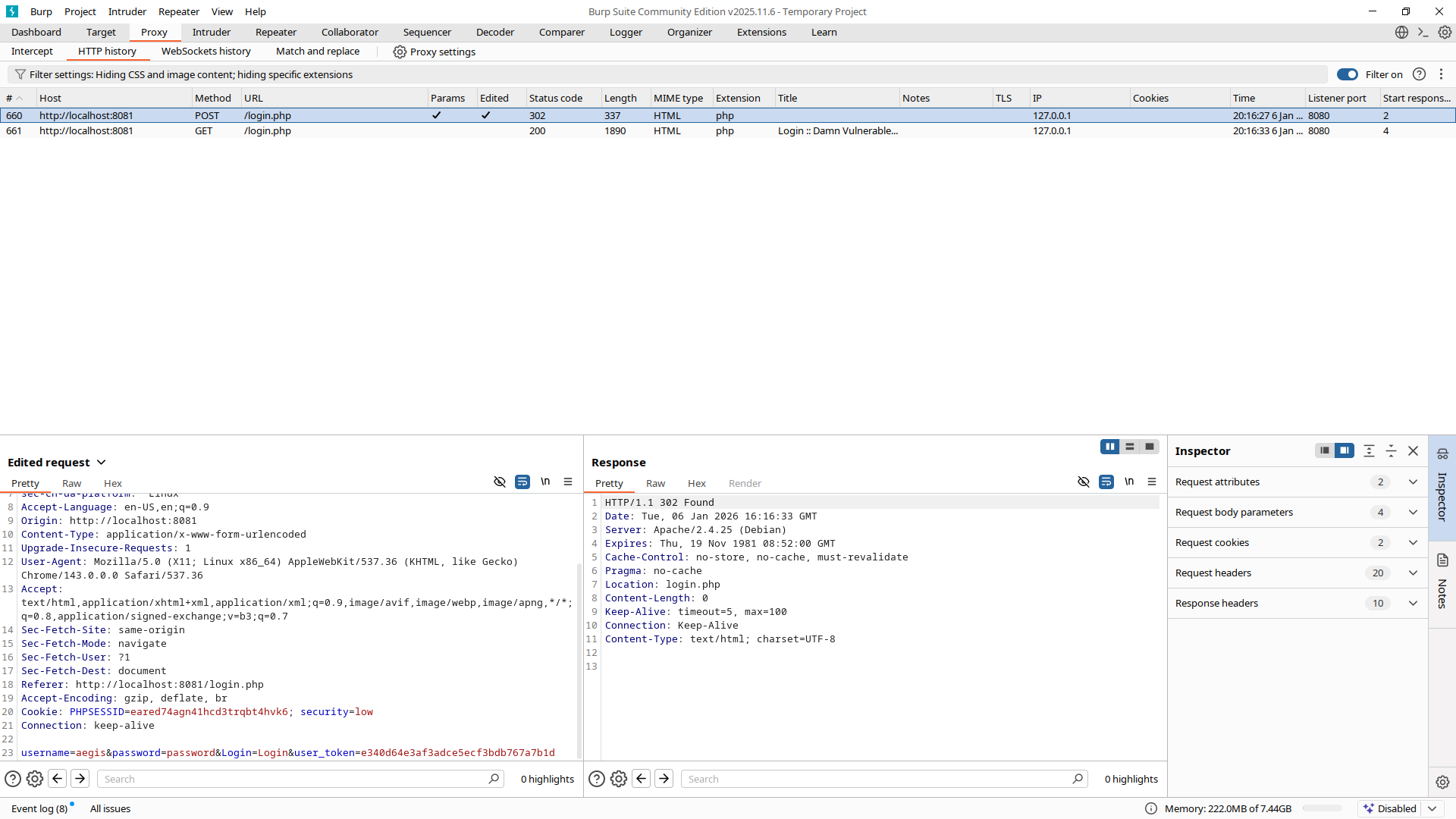 Burp Suite HTTP History showing original vs edited request comparison with server response