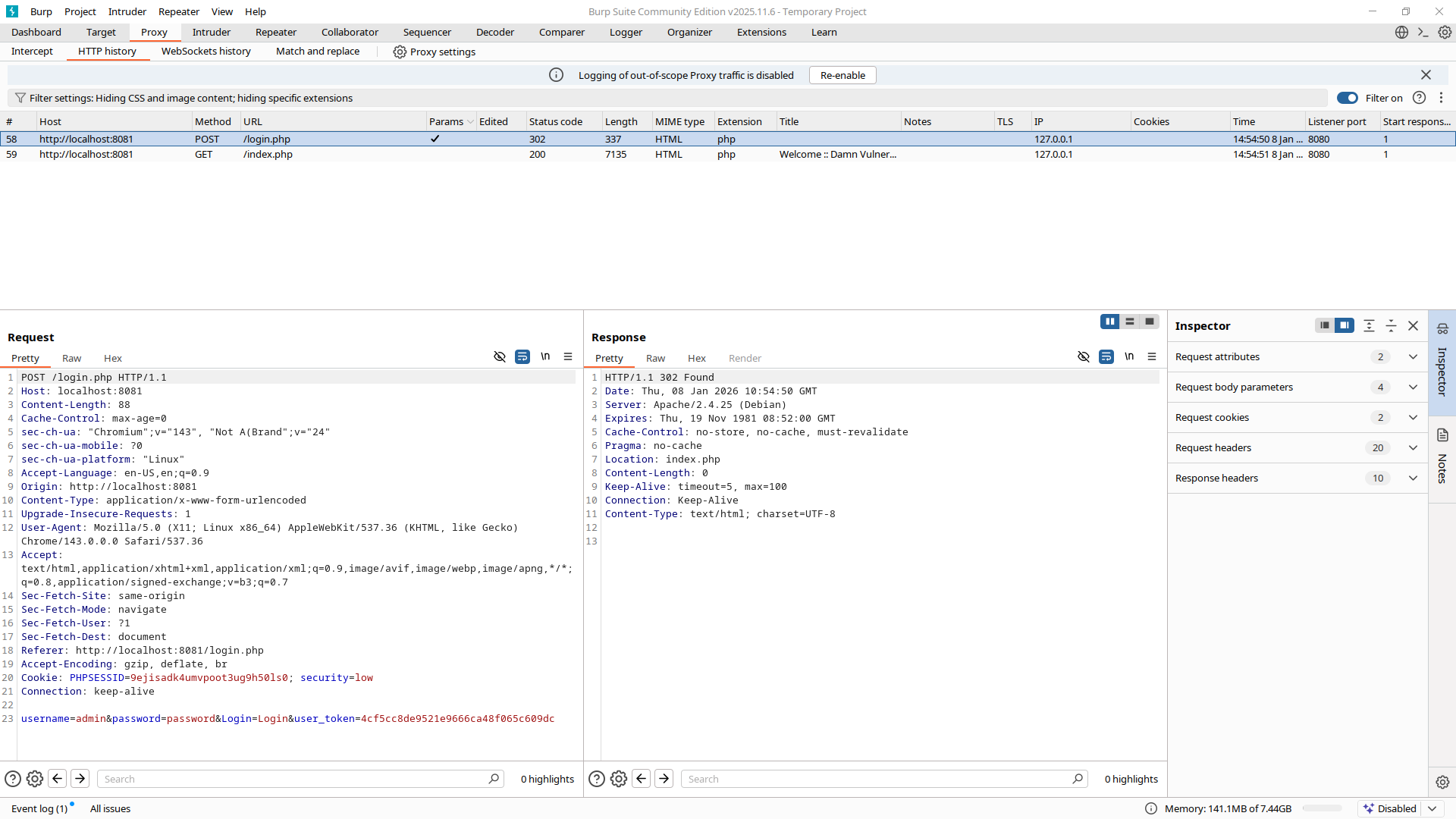 Burp Suite HTTP History with the login POST request selected, ready to send to Repeater