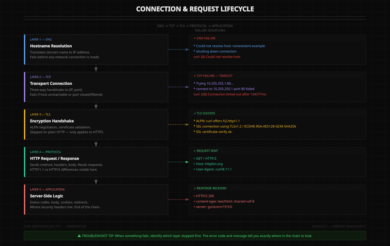 Diagram of the curl connection and request lifecycle: DNS, TCP, Protocol, Application