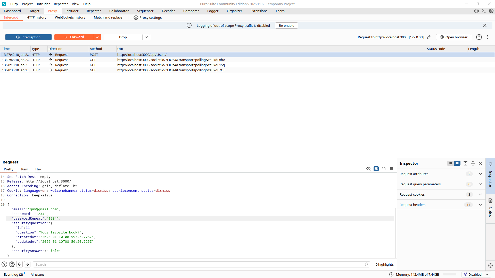 Burp Suite showing the account creation request intercepted with a 4-character password accepted by the server